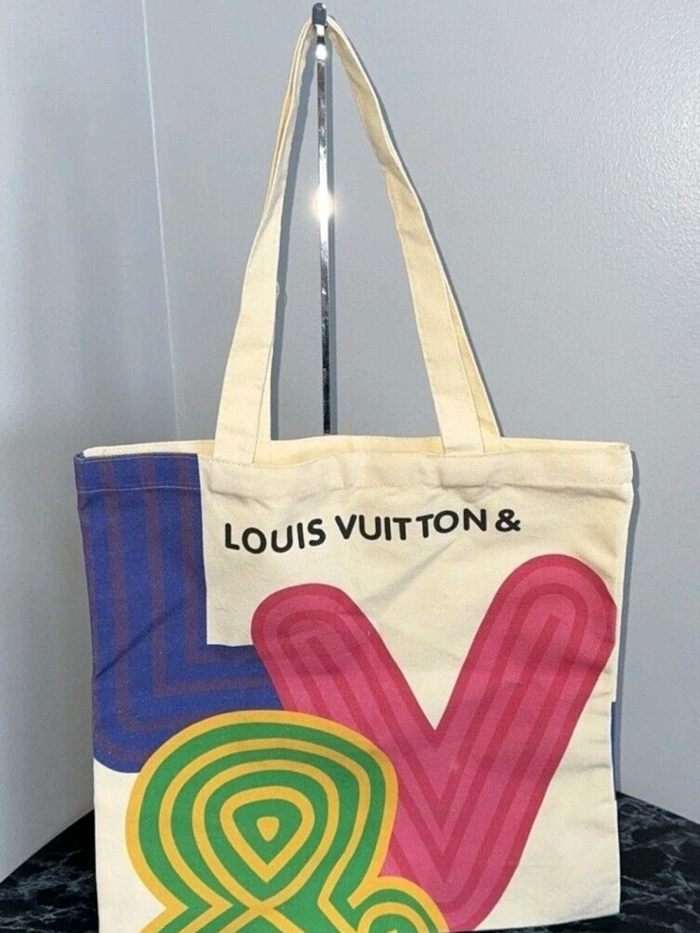 Louis Vuitton Cream Canvas Tote with Pink, Blue & Green Graphic Accents